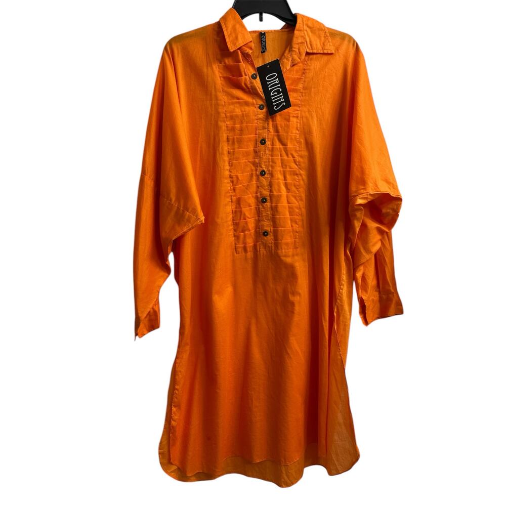 Orange Linen Blend Tunic Top Pleated Neckline Womens Medium Boho Comfy Lagenlook